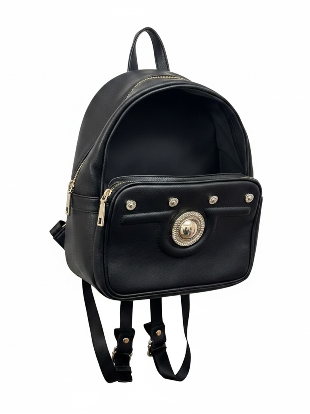 Versace Jeans Collection Black Backpack with Gold Medallion Accents